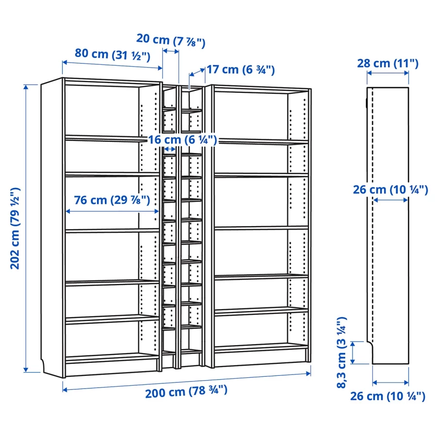 Открытый книжный шкаф - BILLY IKEA/БИЛЛИ ИКЕА, 28х200х202 см, белый (изображение №3)