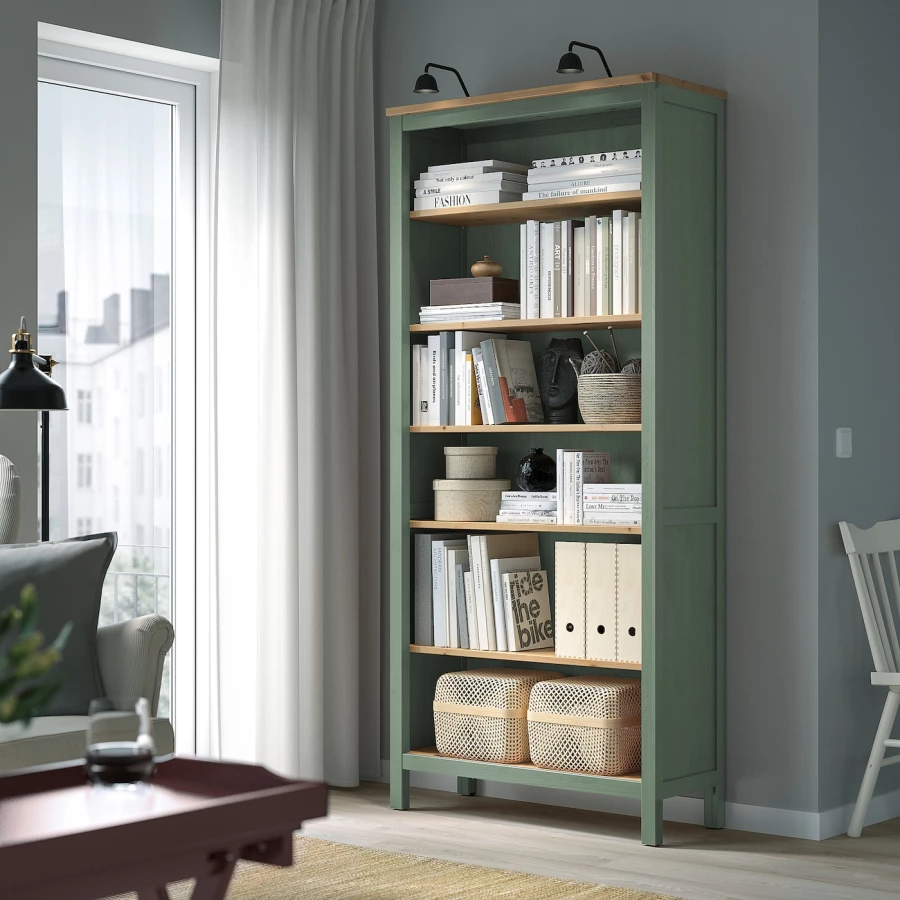 Открытый книжный шкаф - IKEA HEMNES/ХЕМНЭС ИКЕА, 90x197 см, серо-зеленая/светло-коричневая морилка (изображение №2)
