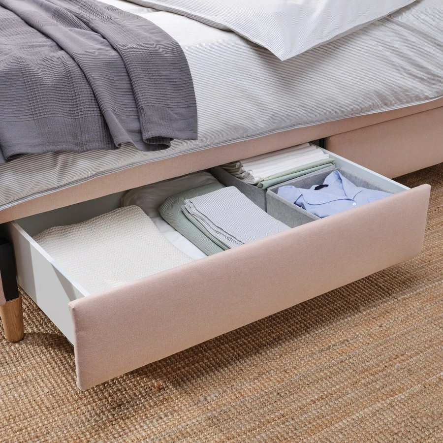 Кровать мягкая с ящиками - IKEA IDANÄS/IDANAS, 200х140 см, бледно розовая, ИДАНЭС ИКЕА (изображение №8)