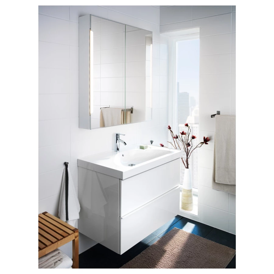 Настенный шкаф для ванной комнаты - STORJORM IKEA/ СТОРЙОРМ ИКЕА, 96х80х14 см, белый (изображение №4)