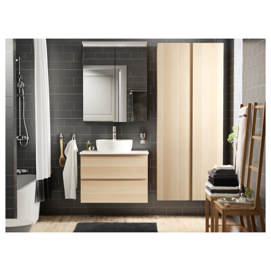 Высокий шкаф для ванной - IKEA GODMORGON /ГОДМОРГОН ИКЕА, 40x32x192 см, под беленый дуб (изображение №4)
