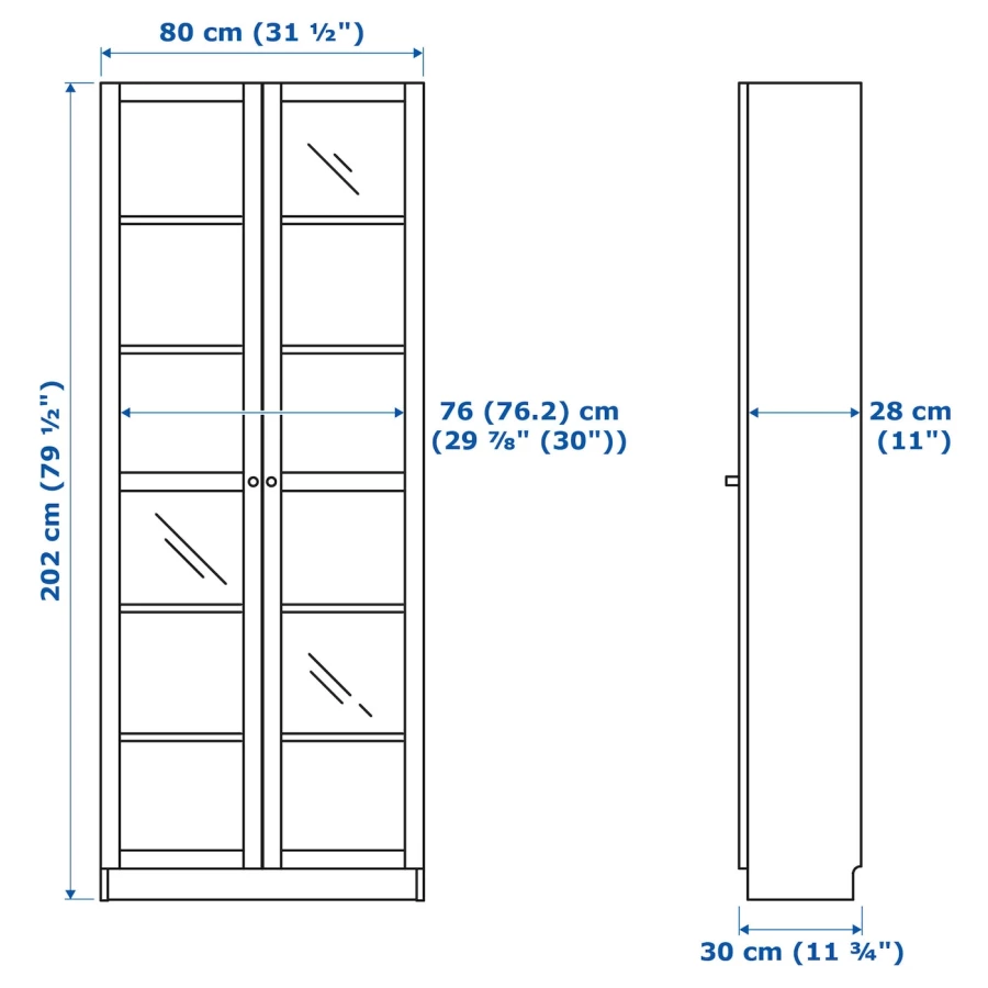 Книжный шкаф со стеклянной дверцей - BILLY IKEA/БИЛЛИ ИКЕА, 30х80х202 см, бежевый (изображение №11)