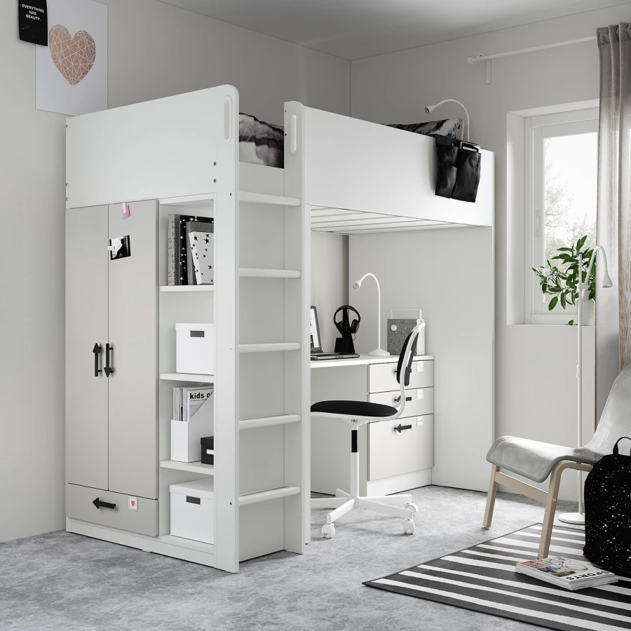 Кровать двухъярусная - IKEA SMÅSTAD/SMASTAD/СМОСТАД ИКЕА, 90x200 см, белый/серый (изображение №5)