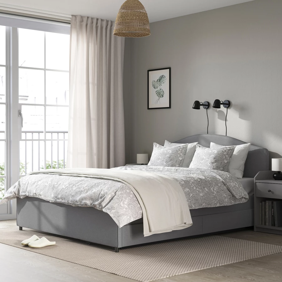 Комбинация мебели для спальни - IKEA HAUGA, 200x160см, серый/светло-серый, ХАУГА ИКЕА (изображение №9)