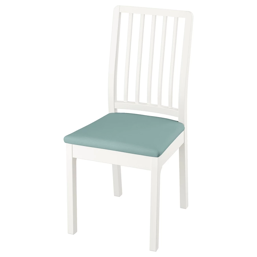 Деревянный стул с мягкой обивкой - EKEDALEN IKEA/ ЭКЕДАЛЕН ИКЕА, 95х45х51 см, белый/голубой (изображение №1)
