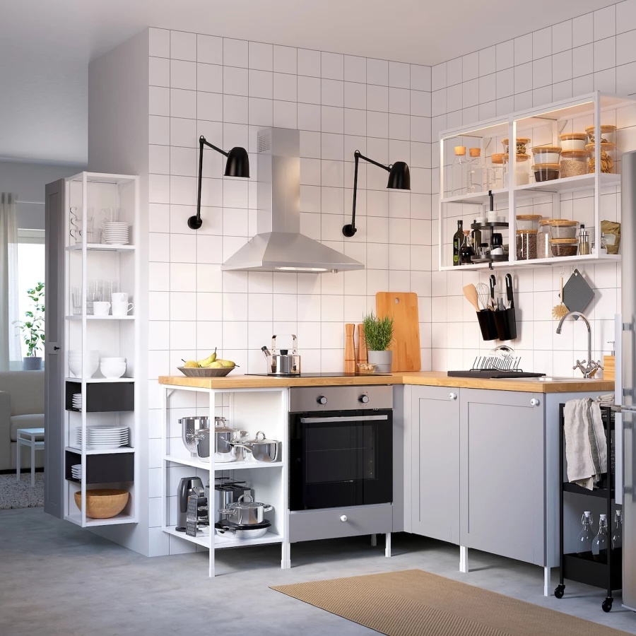 Угловая кухонная комбинация для хранения - ENHET  IKEA/ ЭНХЕТ ИКЕА, 170,5x168,5x75 см, белый/бежевый/серый (изображение №2)