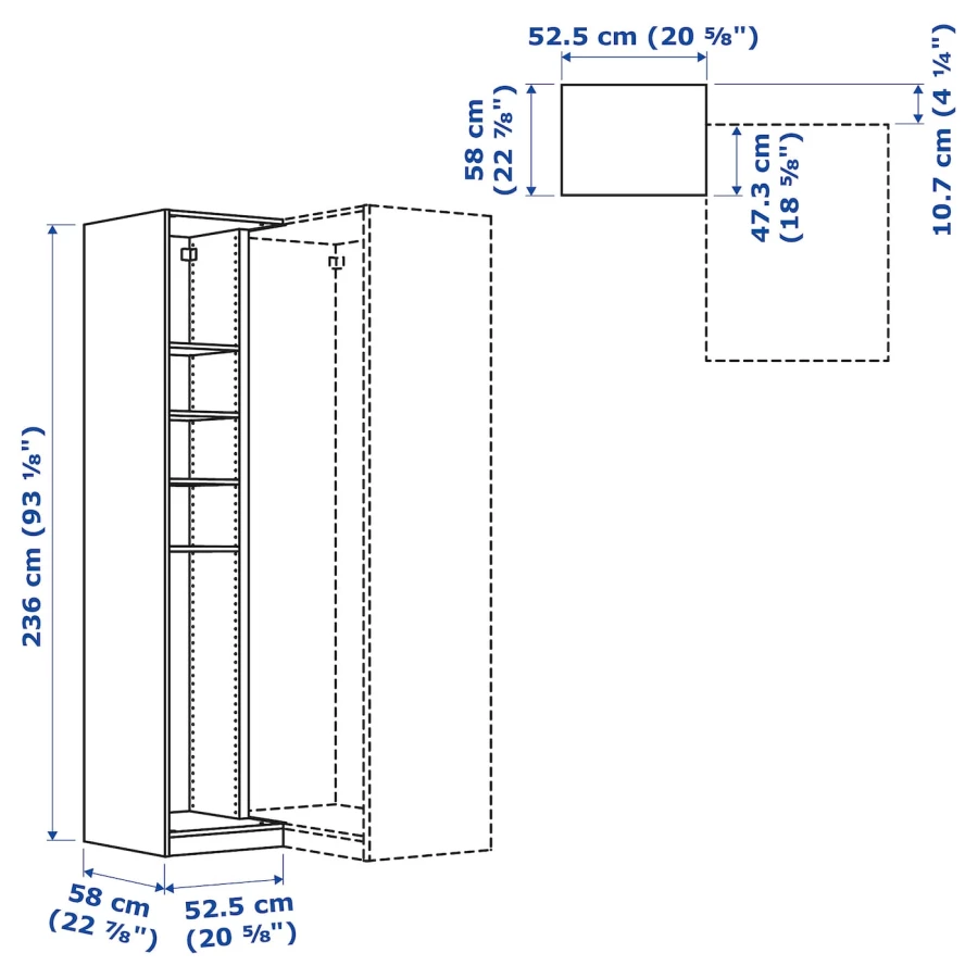 Дополнительный угловой шкаф с 4 полками - IKEA PAX/ПАКС ИКЕА, 53x58x236 см, под беленый дуб (изображение №4)