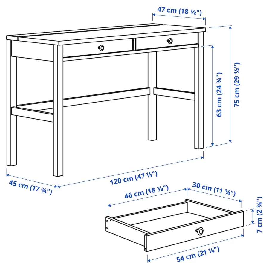 Письменный стол IKEA HEMNES, 75x120 см, белый, Хемнес ИКЕА (изображение №7)