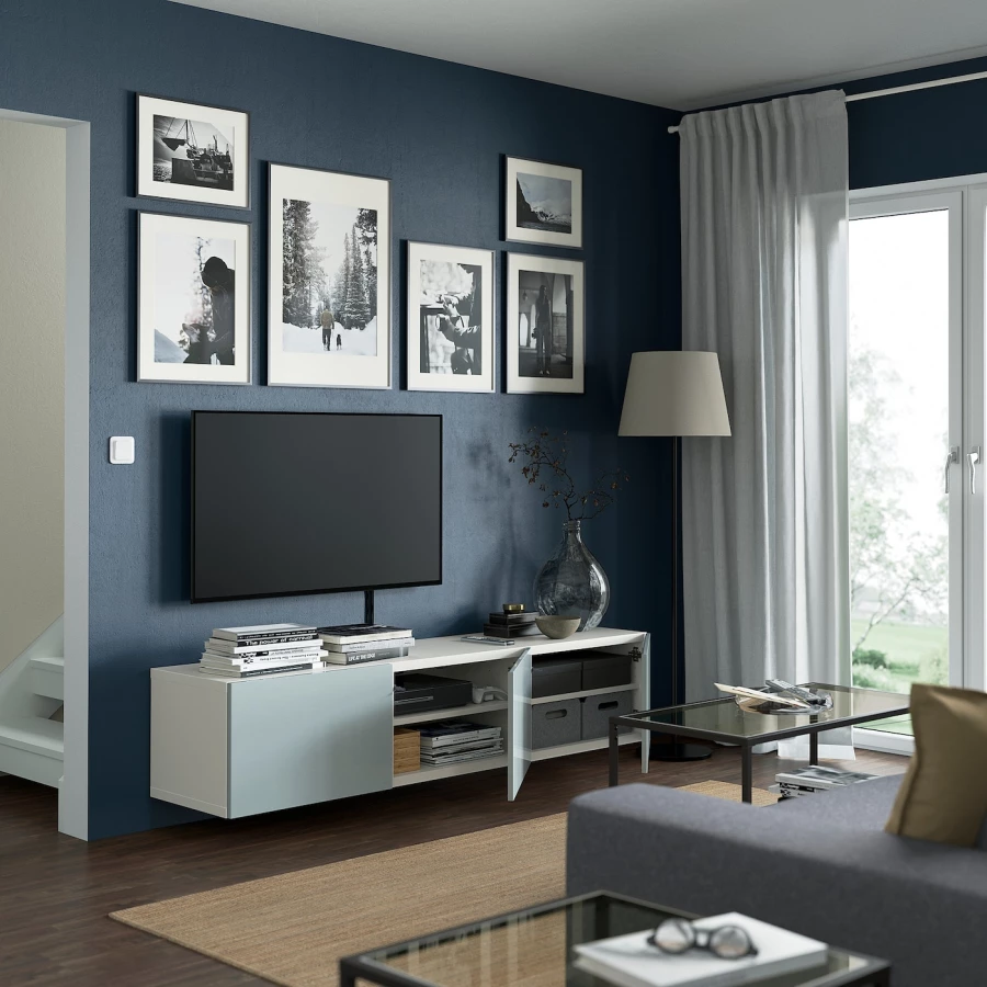 Тумба под ТВ с дверцами - IKEA BESTÅ/BESTA/БЕСТО ИКЕА, 42х38х180 см, белый/серо-голубой (изображение №2)
