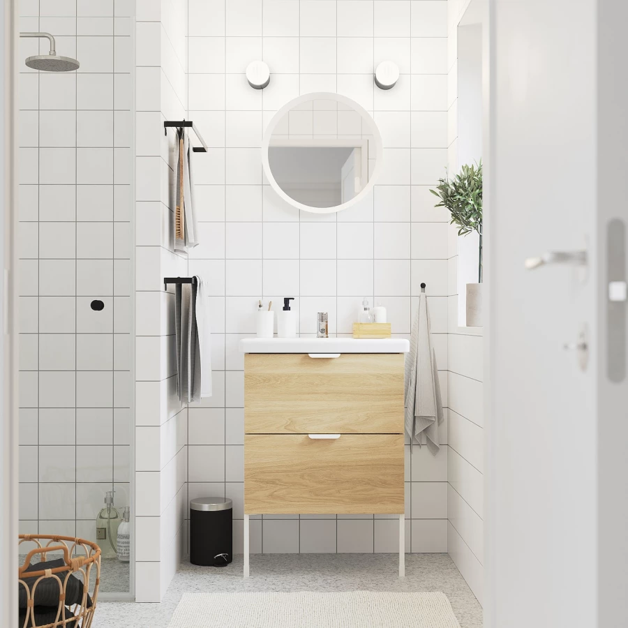 Шкаф под умывальник с 2 дверцами - ENHET / TVÄLLEN IKEA/ЭНХЕТ/ТВЕЛЛЕН ИКЕА,  87х64 см, белый/бежевый (изображение №2)