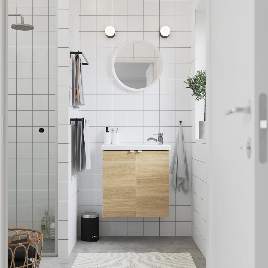Тумба для ванной - ENHET / TVÄLLEN  /TVАLLEN  IKEA/ ЭНХЕТ / ТВЭЛЛЕН ИКЕА,  64х33х65 см , белый/под беленый дуб (изображение №2)