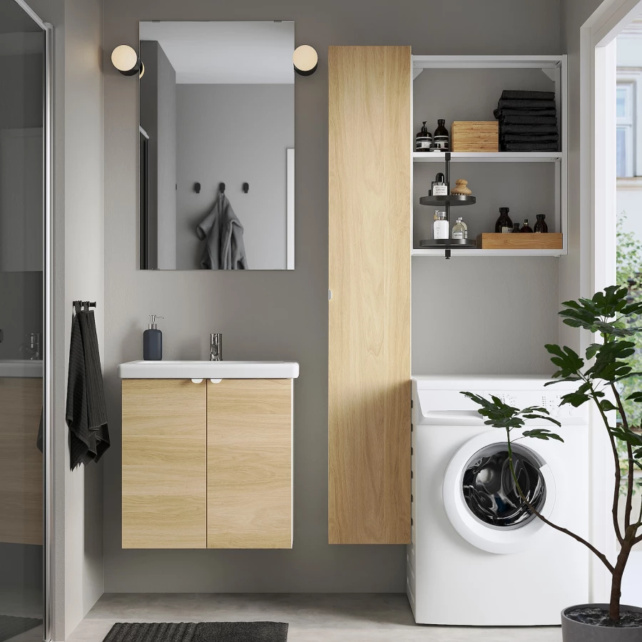 Комбинация для ванной - IKEA ENHET, 64х43х65 см, белый/имитация дуба, ЭНХЕТ ИКЕА (изображение №3)