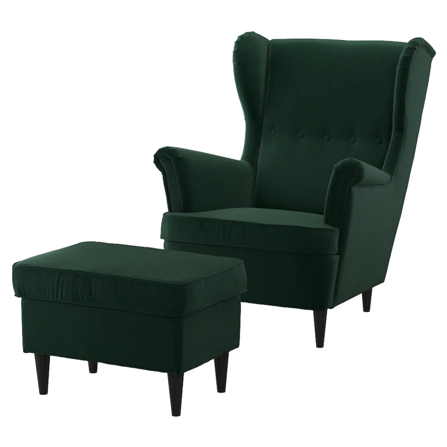 Кресло и табурет для ног - IKEA STRANDMON, 82х96х101 см, темно-зеленый, СТРАНДМОН ИКЕА (изображение №1)