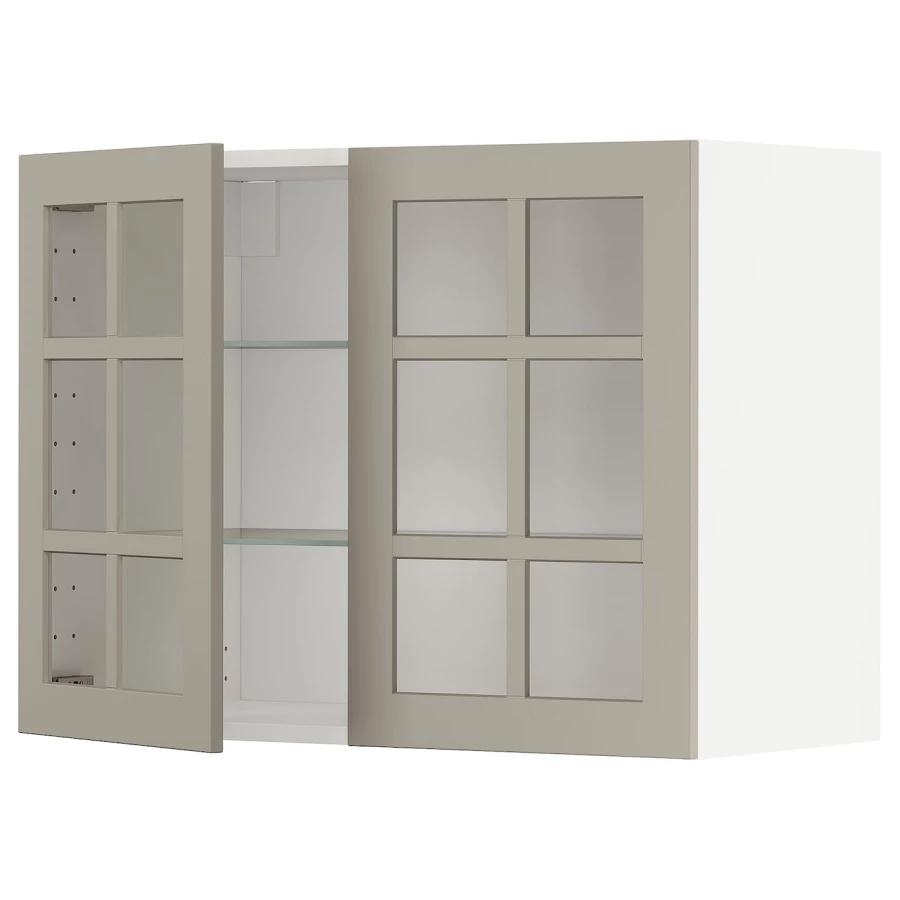 Шкаф и 2 стеклянные двери -  METOD IKEA/ МЕТОД ИКЕА, 80х60 см, белый/светло-коричневый (изображение №1)