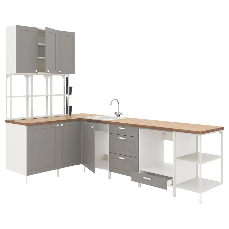 Угловая кухня -  ENHET  IKEA/ ЭНХЕТ ИКЕА, 241 см, белый/бежевый/серый (изображение №1)