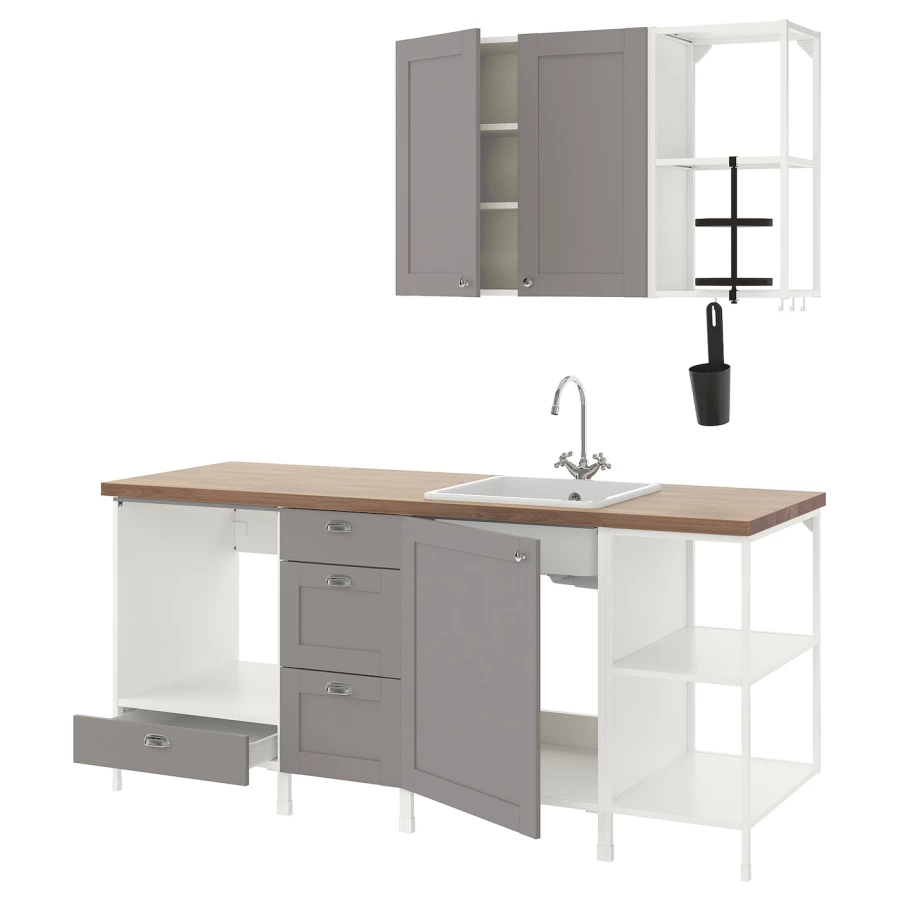 Кухня - IKEA ENHET/ЭНХЕТ ИКЕА, 222х203х63,5 см, белый/серый (изображение №1)