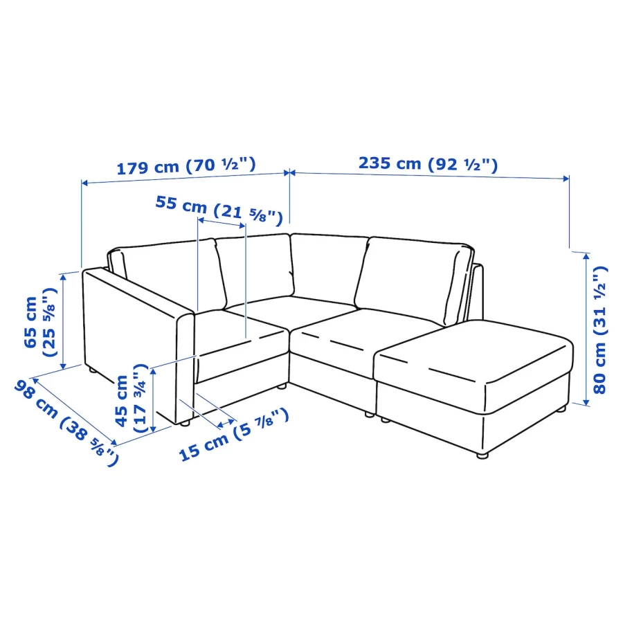 3-местный угловой диван - IKEA VIMLE, 235/179х98х80 см, черный, кожа, ВИМЛЕ ИКЕА (изображение №8)