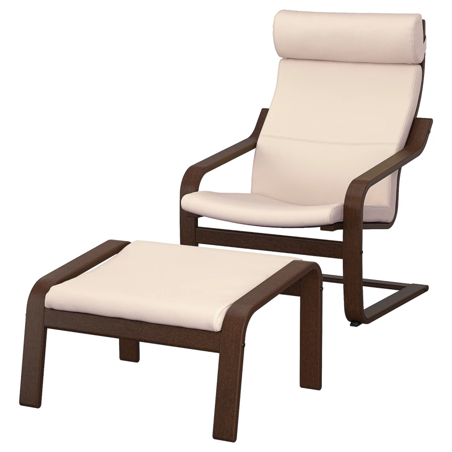 Кресло с подставкой для ног - IKEA POÄNG/POANG/ИКЕА ПОЭНГ , 100х82х68см, коричневый/глос кремовый/молочный (изображение №1)