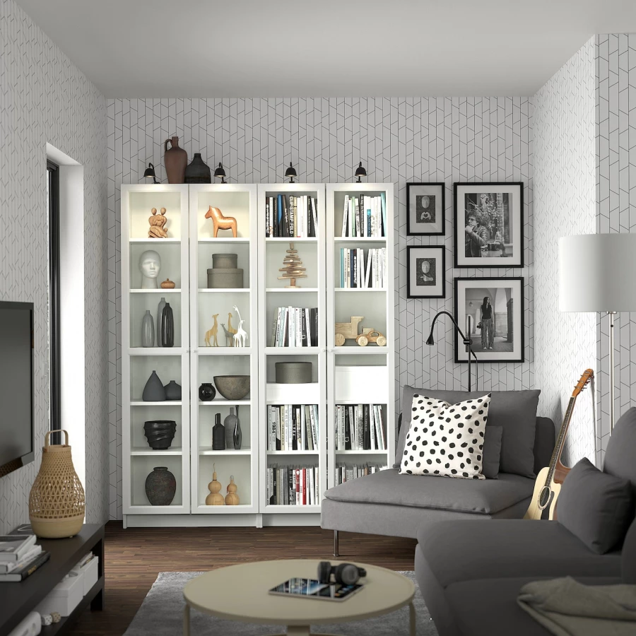 Книжный шкаф со стеклянной дверцей - BILLY/OXBERG IKEA/ БИЛЛИ/ОКСБЕРГ ИКЕА, 30х160х202 см, белый (изображение №3)