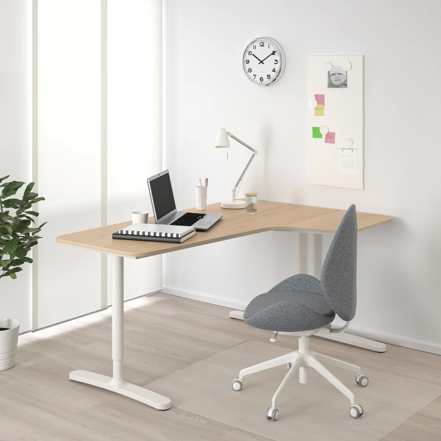Угловой письменный стол (правый угол) - IKEA BEKANT, 160х110х65-85 см, под беленый дуб/белый, БЕКАНТ ИКЕА (изображение №2)