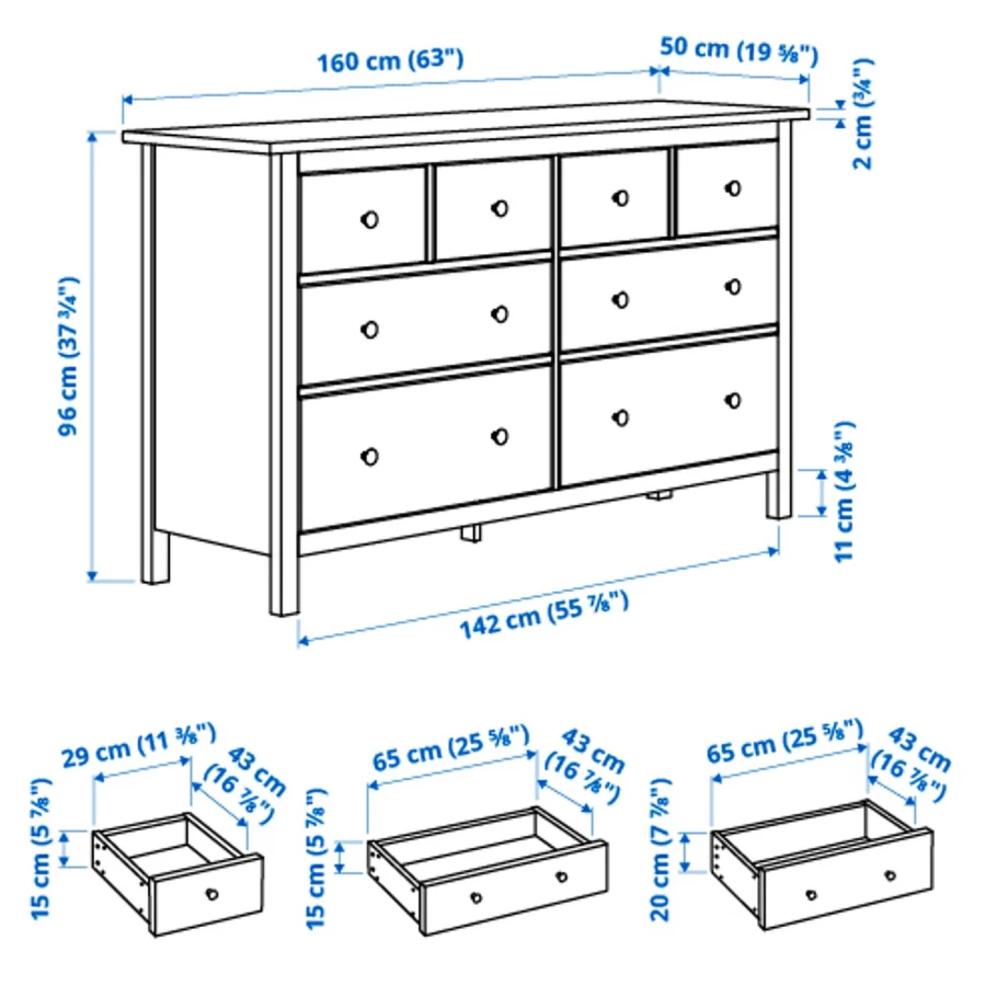 Комод с 8 ящиками - IKEA HEMNES, 96x160 см, белый, ХЕМНЭС ИКЕА (изображение №7)