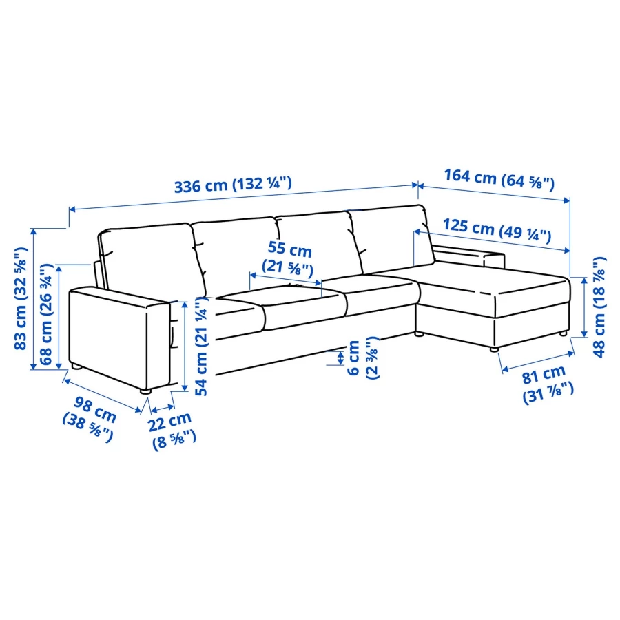 Диван угловой 3-местный - IKEA VIMLE, 336х98/164х83 см, серый, ВИМЛЕ ИКЕА (изображение №7)