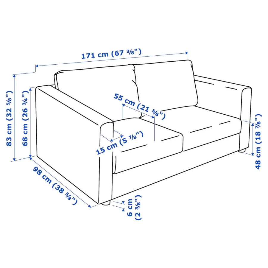 Диван 2-местный - IKEA VIMLE, 171х98х83 см, голубой, ВИМЛЕ ИКЕА (изображение №7)