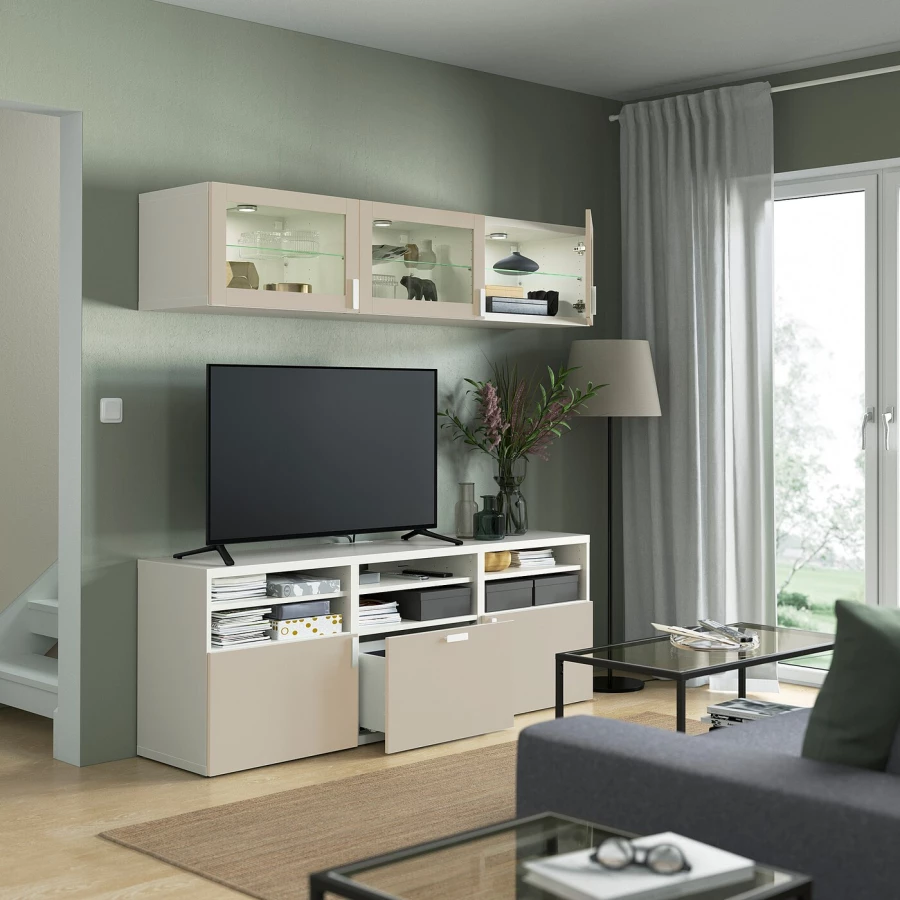 Комбинация для хранения ТВ - IKEA BESTÅ/BESTA, 192x42x180см, белый/светло-коричневый, БЕСТО ИКЕА (изображение №2)