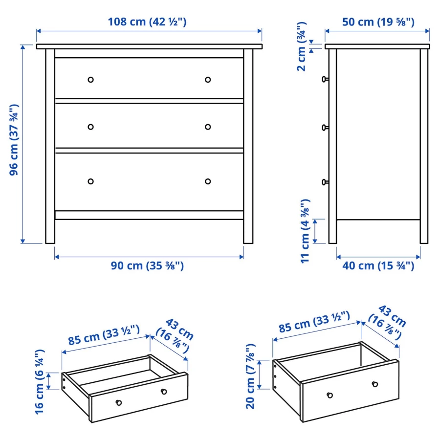 Комод - IKEA HEMNES/ХЕМНЭС ИКЕА, 96х50х108 см, серо-зеленая/светло-коричневая морилка (изображение №7)