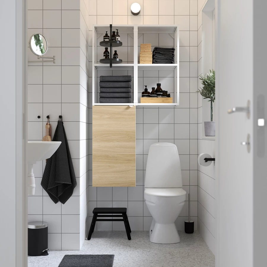 Комбинация для ванной - IKEA ENHET, 80х32х150 см, белый/имитация дуба, ЭНХЕТ ИКЕА (изображение №5)