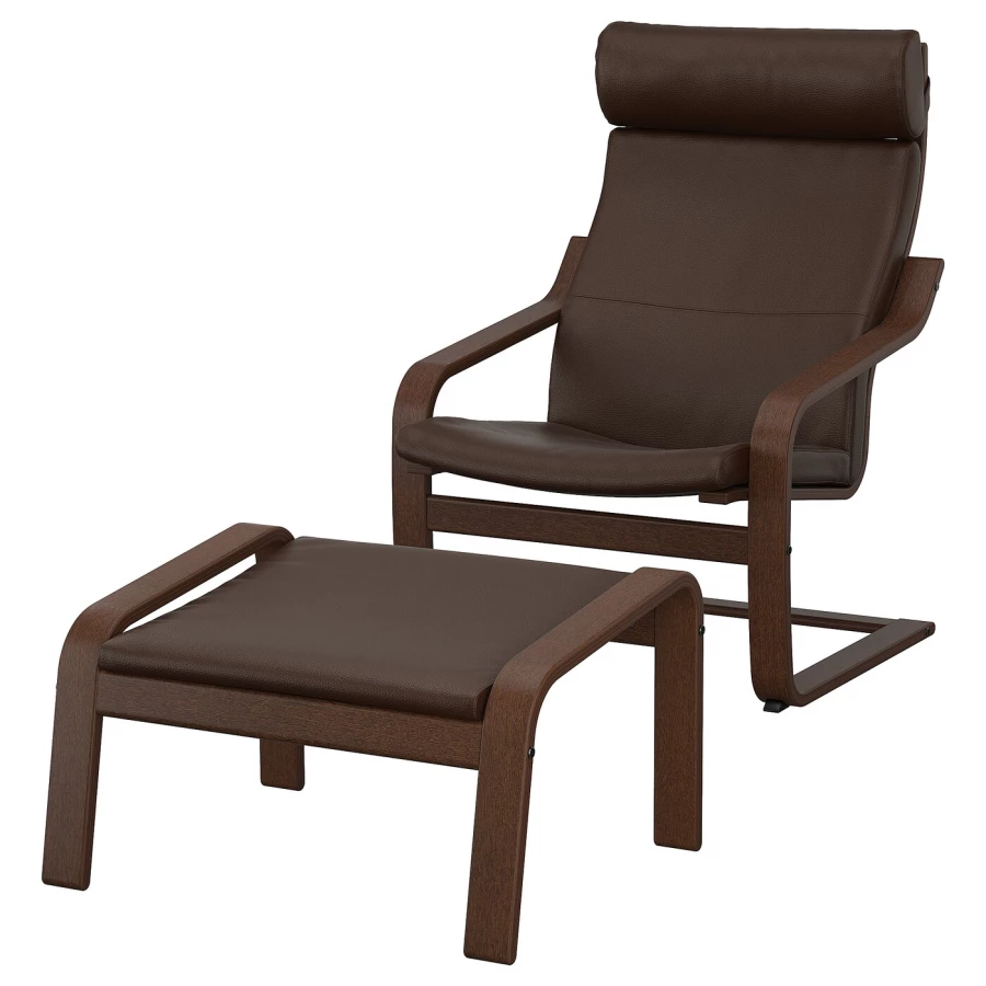 Кресло с подставкой для ног - IKEA POÄNG/POANG/ИКЕА ПОЭНГ, 100х82х68см, коричневый/глос темно-коричневый (изображение №1)