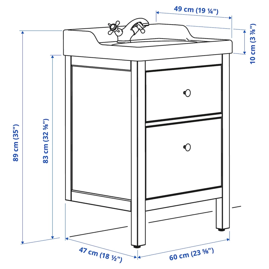 Шкаф под умывальник с 2 ящиками - HEMNES / RÄTTVIKEN IKEA/ ХЕМНЭС /РЕТТВИКЕН ИКЕА, 89х62 см, белый (изображение №7)