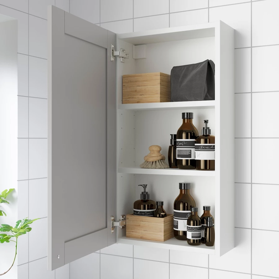 Настенный шкаф для ванной комнаты - ENHET IKEA/ ЭНХЕТ ИКЕА, 40x15x75 см, серый/белый (изображение №2)