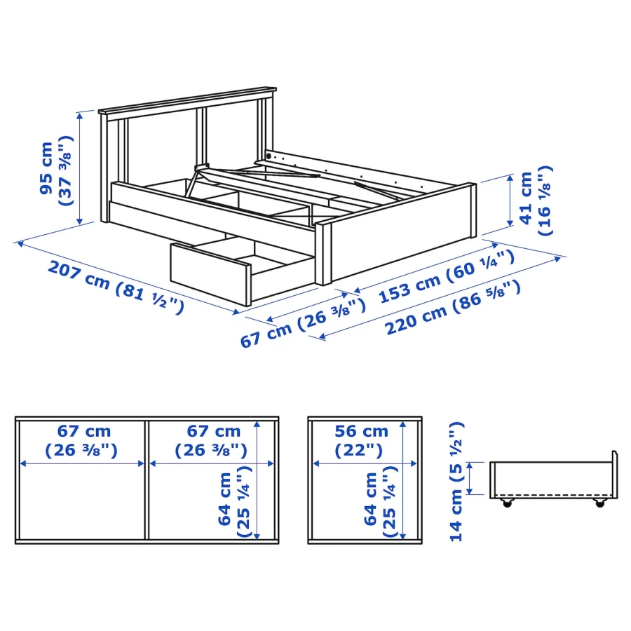 Каркас кровати с 2 ящиками для хранения - IKEA SONGESAND/LURÖY/LUROY, 200х140 см, белый, СОНГЕСАНД/ЛУРОЙ ИКЕА (изображение №11)