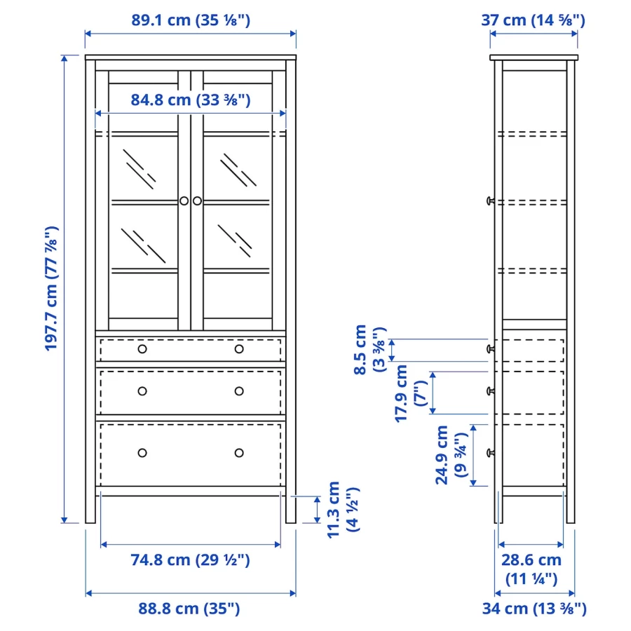 Шкаф со стеклянными дверцами - IKEA HEMNES/ХЕМНЭС ИКЕА, 90x197 см, серо-зеленая/светло-коричневая морилка (изображение №10)
