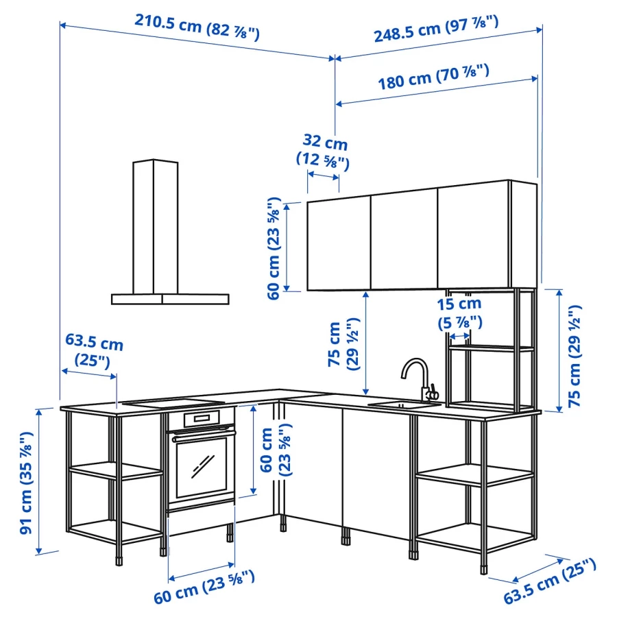 Угловой кухонный гарнитур - IKEA ENHET, 210.5х248.5х75 см, белый/имитация дуба, ЭНХЕТ ИКЕА (изображение №3)