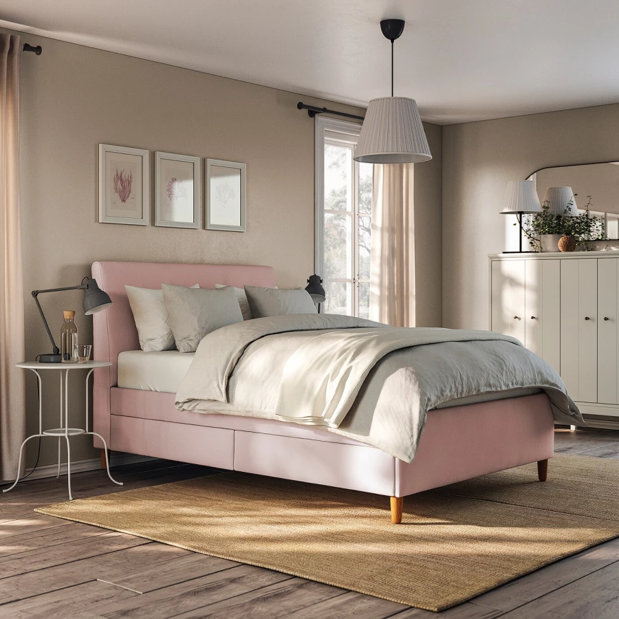 Кровать мягкая с ящиками - IKEA IDANÄS/IDANAS, 200х140 см, бледно розовая, ИДАНЭС ИКЕА (изображение №6)
