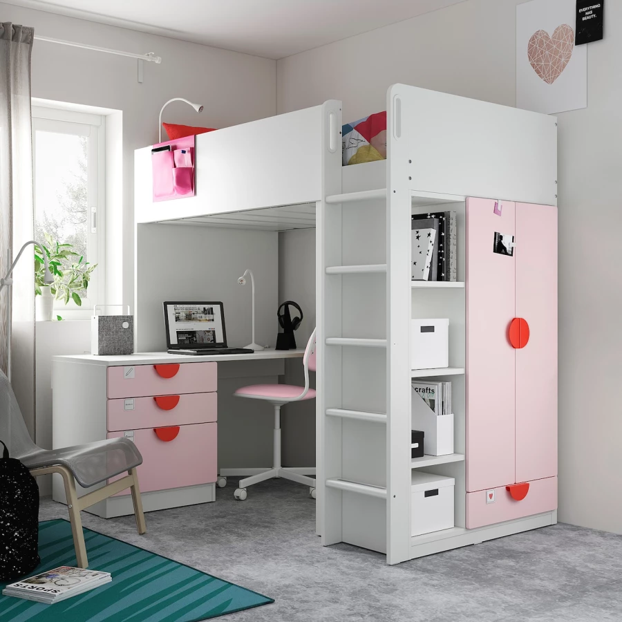 Кровать двухъярусная - IKEA SMÅSTAD/SMASTAD/СМОСТАД ИКЕА, 90x200 см, белый/розовый (изображение №3)