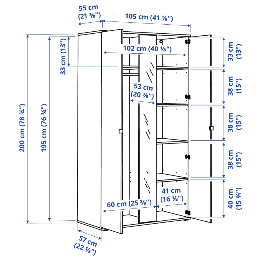 Шкаф с зеркалом - IKEA VIHALS/ВИХАЛС ИКЕА, 57х200х270 см, белый (изображение №5)