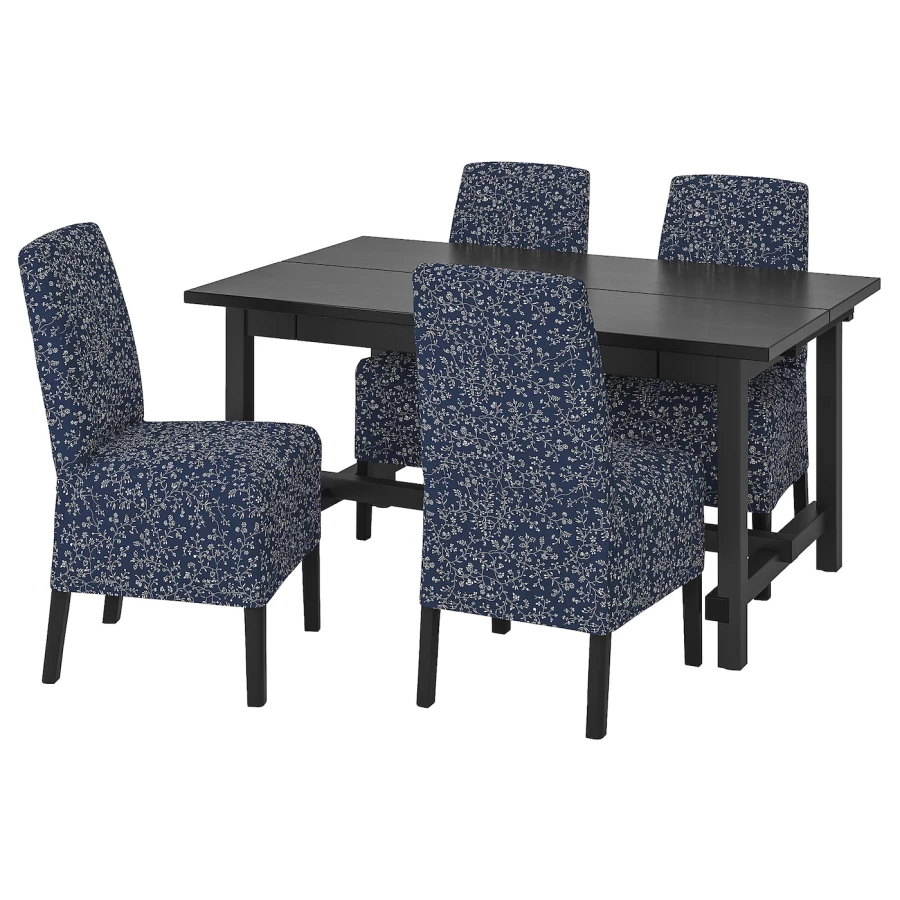 Стол и 4 стула - NORDVIKEN / BERGMUND IKEA/ НОРДВИКЕН/БЕРГМУНД ИКЕА, 223/152х95 см, синий с рисунком/коричневый (изображение №1)
