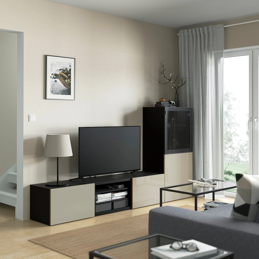 Комбинация для хранения ТВ - IKEA BESTÅ/BESTA, 129x42x240см, черный/светло-коричневый, БЕСТО ИКЕА (изображение №3)