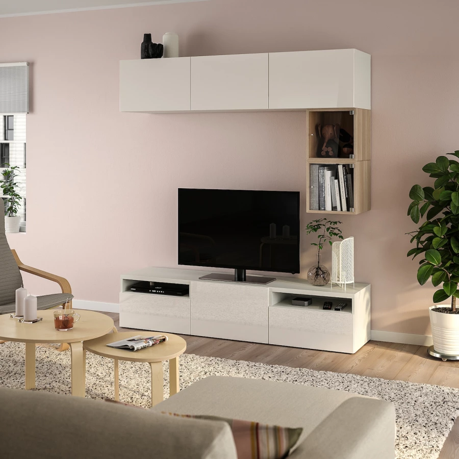 Комплект мебели д/гостиной  - IKEA BESTÅ/BESTA EKET, 166x42x180см, белый/светло-коричневый, БЕСТО ЭКЕТ ИКЕА (изображение №2)