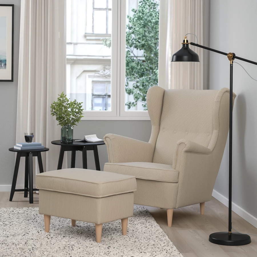 Кресло и табурет для ног - IKEA STRANDMON, 82х96х101 см, бежевый, СТРАНДМОН ИКЕА (изображение №2)