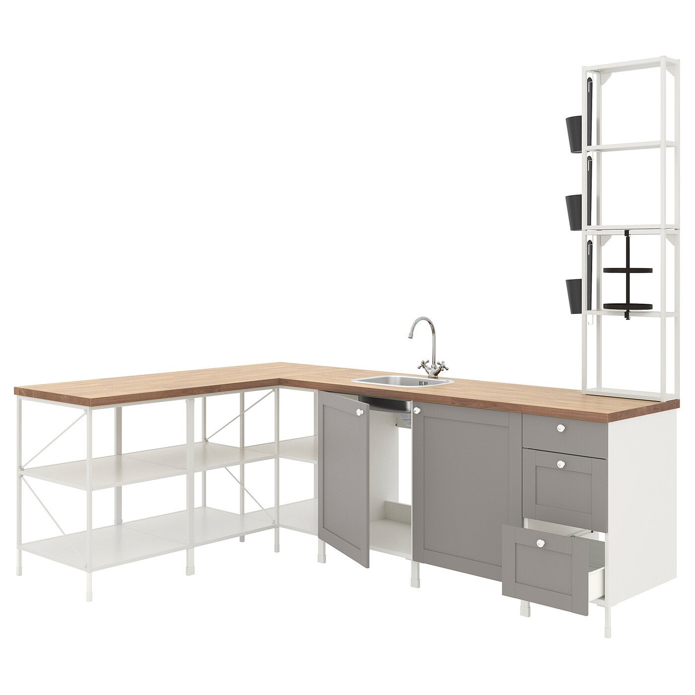 Угловая кухонная комбинация для хранения - ENHET  IKEA/ ЭНХЕТ ИКЕА, 181,5х245х75 см, белый/серый/бежевый