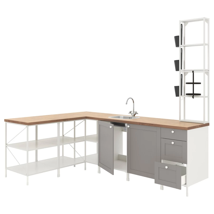 Угловая кухонная комбинация для хранения - ENHET  IKEA/ ЭНХЕТ ИКЕА, 181,5х245х75 см, белый/серый/бежевый (изображение №1)