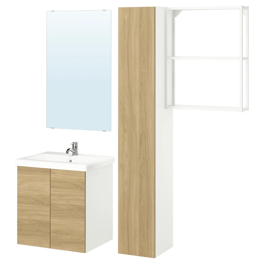 Комбинация для ванной - IKEA ENHET, 64х43х65 см, белый/имитация дуба, ЭНХЕТ ИКЕА (изображение №1)