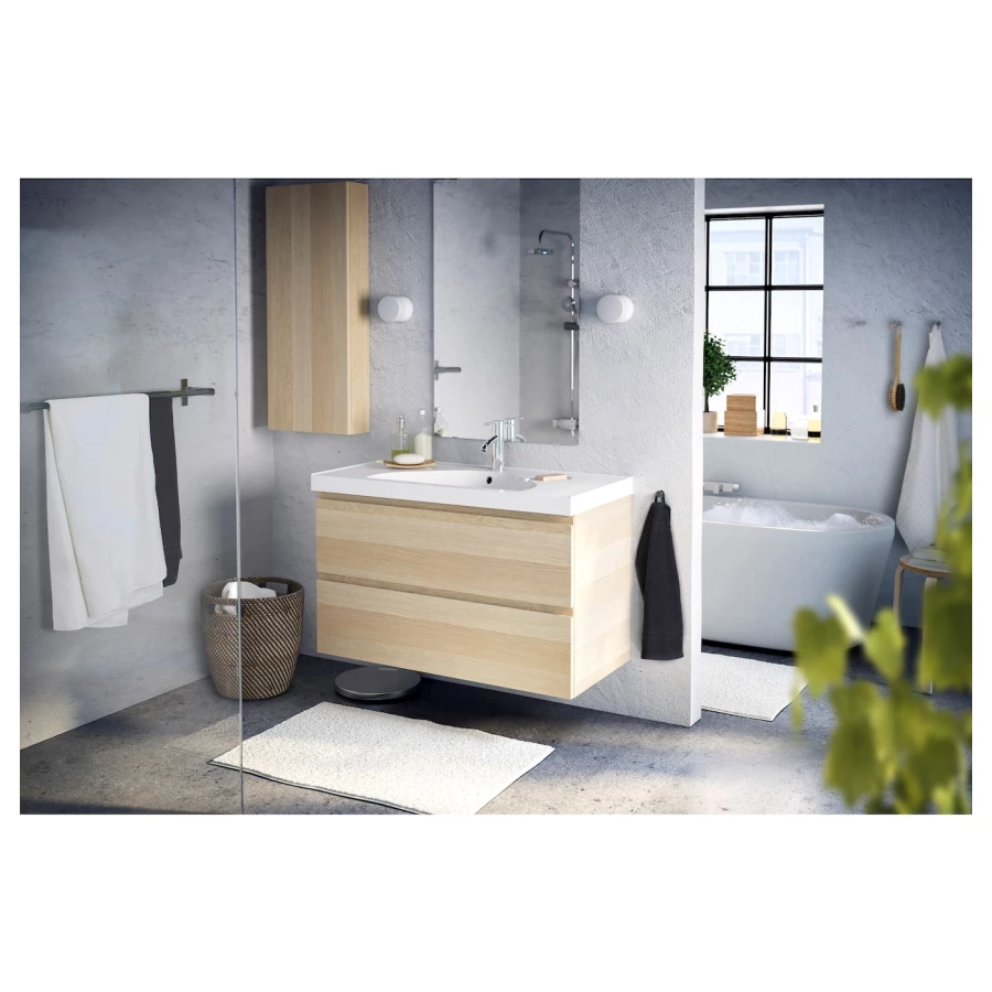 Навесной шкаф с 1 дверцей - IKEA GODMORGON/ГОДМОРГОН ИКЕА, 40x14x96 см, под беленый дуб (изображение №5)