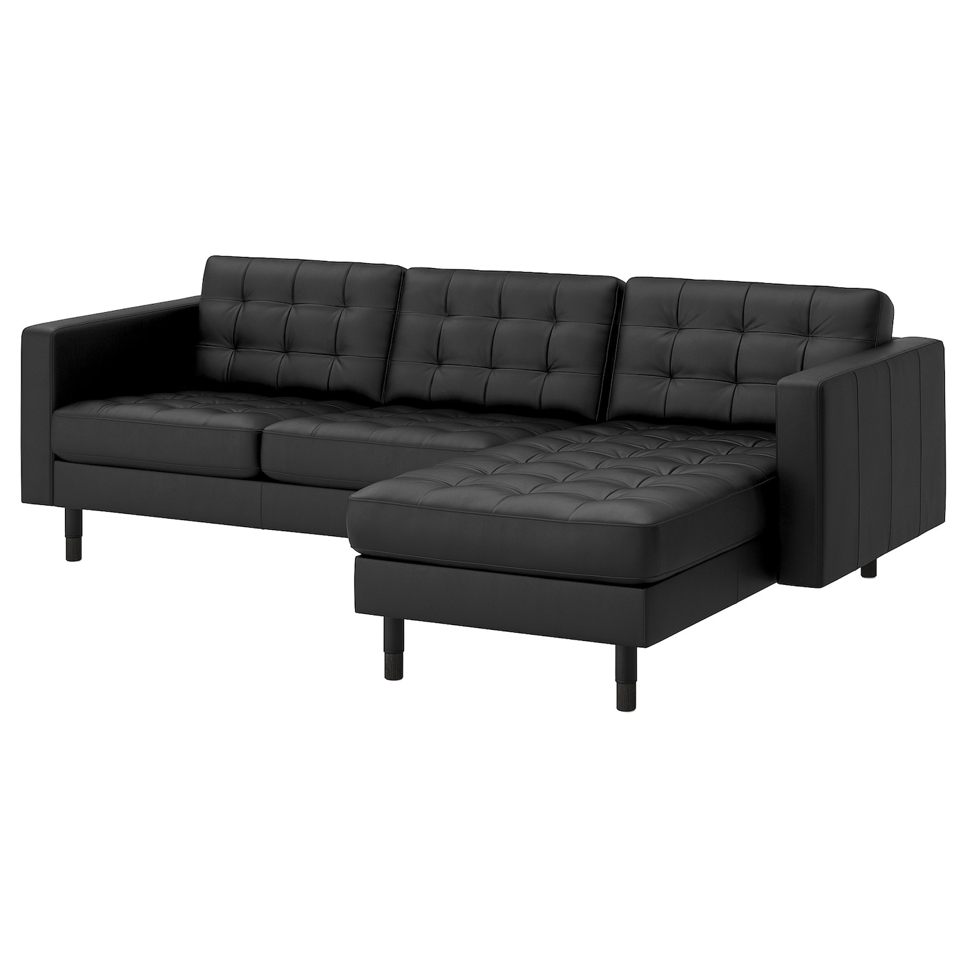 3-местный диван с шезлонгом - IKEA LANDSKRONA, 89x240см, черный, кожа, ЛАНДСКРУНА ИКЕА