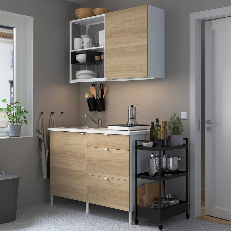 Кухонная комбинация для хранения вещей  - ENHET  IKEA/ ЭНХЕТ ИКЕА, 123x63,5x222 см, белый/бежевый (изображение №2)
