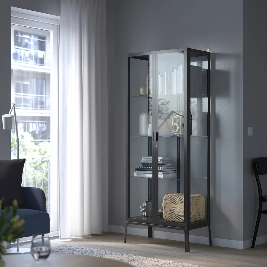 Шкаф со стеклянными дверцами  - MILSBO IKEA/ МИЛСБО ИКЕА, 73x175х42 см, черный/прозрачный (изображение №2)